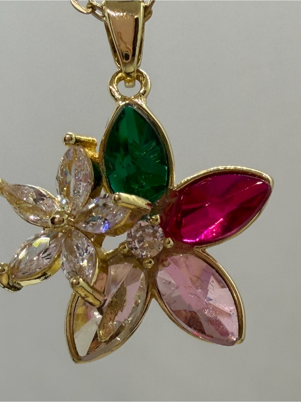 Gold-Tone Multi-Stone Floral Pendant Necklace - Pink, Green, Red